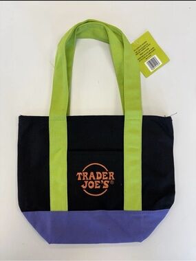 Trader Joe's Black Canvas Tote with Lime Green Handles and Purple Base